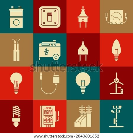 Set High voltage power pole line, Wind turbine, Light bulb, Electric plug, Portable electric generator, cable, Car battery and  icon. Vector