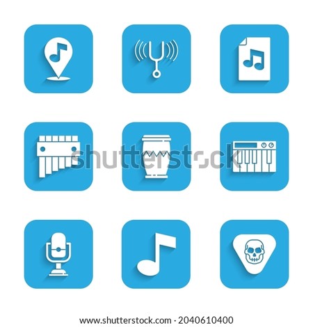 Set Drum, Music note, tone, Guitar pick, synthesizer, Microphone, Pan flute, book with and Location musical icon. Vector