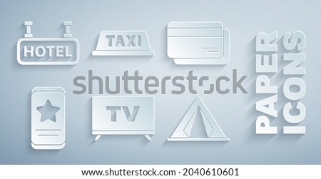 Set Smart Tv, Credit card, Mobile with review rating, Tourist tent, Taxi roof and Signboard text Hotel icon. Vector
