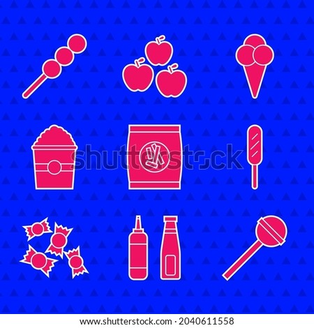 Set Hard bread chucks crackers, Sauce bottle, Lollipop, Corn dog, Candy, Popcorn in box, Ice cream waffle cone and Meatballs wooden stick icon. Vector