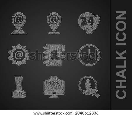 Set Address book, Chat messages notification on monitor, Create account screen, Clock, Stamp, Mail and e-mail, Telephone 24 hours support and Location icon. Vector