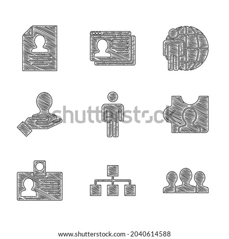 Set User of man, Hierarchy organogram chart, Users group, Head hunting, Identification badge, Hand for search people,  and Resume icon. Vector