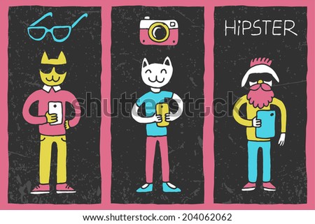 Hipster doodles selfie colorful on dark 5. Hand drawn vector illustration.