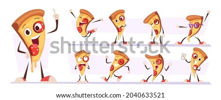 Pizza mascot. Funny food character in action poses happy styling cute persons exact vector illustrations isolated