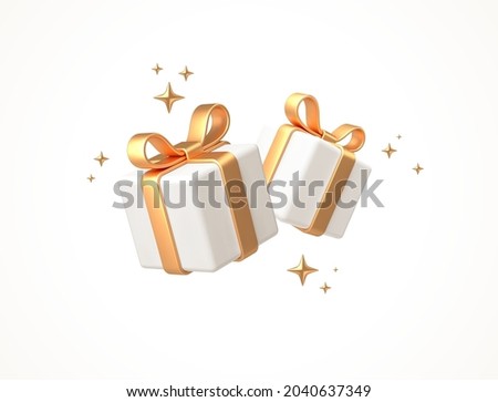 Gift boxes isolated on white. 3d white gift boxes with golden ribbon and bow. Birthday celebration concept. Vector illustration. Royalty-Free Stock Photo #2040637349