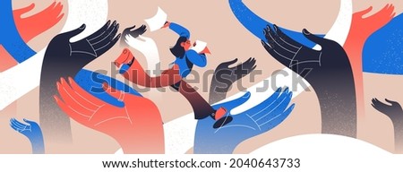 Community help concept illustration. Vector woman running with ideas and paper documents among various hand helping her Royalty-Free Stock Photo #2040643733