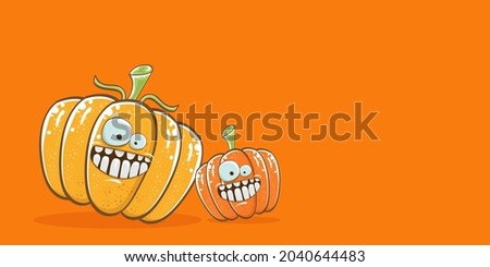 Funky Halloween or thanksgiving day horizontal banner with vector funny cartoon cute smiling friends pumpkins isolated on orange background.