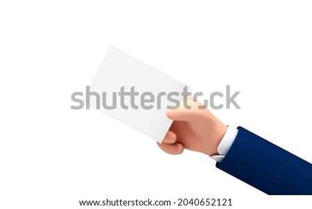 Vector сartoon hand holds out blank paper label or tag on white background. Businessman hand holding white paper