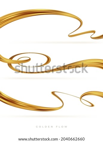 Set of golden flow wave. Golden paint brush stroke. Luxury flow design element. Abstract gold ribbon. Vector illustration. Royalty-Free Stock Photo #2040662660