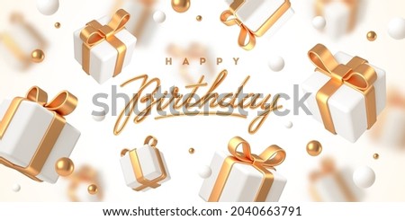 Birthday greeting design. Background with 3d white gift boxes with golden ribbon and bow. Birthday celebration concept. Vector illustration. Royalty-Free Stock Photo #2040663791