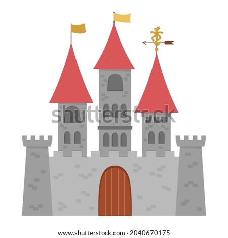 Vector castle icon isolated on white background. Medieval stone palace with towers, flags, gates. Fairy tale king house illustration
