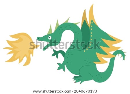 Fairy tale green dragon breathing out fire isolated on white background. Vector fantasy animal. Medieval fairytale character. Cartoon magic icon

