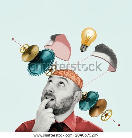 Art collage with the concept of thought process, ingenuity and new creative ideas. Royalty-Free Stock Photo #2040675209
