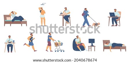 Daily routine man from morning waking to night sleep. A set icons of life schedule male character - work and leisure, sport and care for pet dog, meal and rest. Vector illustrations Royalty-Free Stock Photo #2040678674
