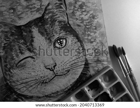black and white , Art painting Acrylic color Smiling cute  cat Thailand ,Palette , paintbrush , meaow , Meaowing