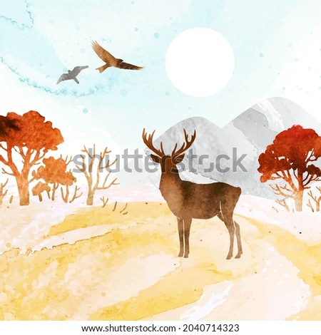 Watercolor autumn vector landscape in orange colors. Illustration of mountains, trees, deer ​and birds under blue sky. Silhouette of deer and birds