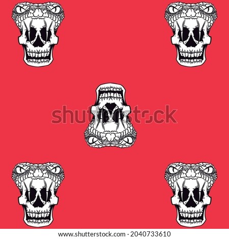 Skull with snake mask aztec design pattern with red background