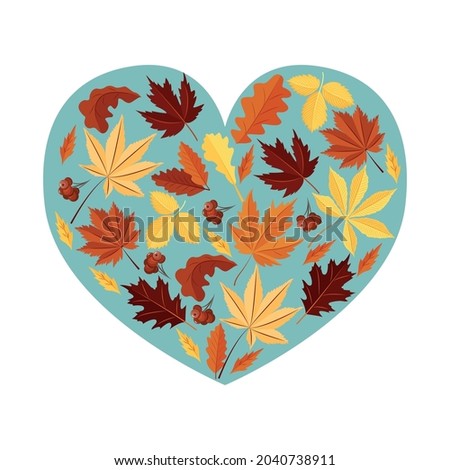 Autumn leaves on a blue heart-shaped background. A design element. Vector.