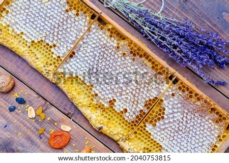 Rustic still life with  a honeycomb frame on a birch branch with a sprig of lavender and dried fruits on a wooden background