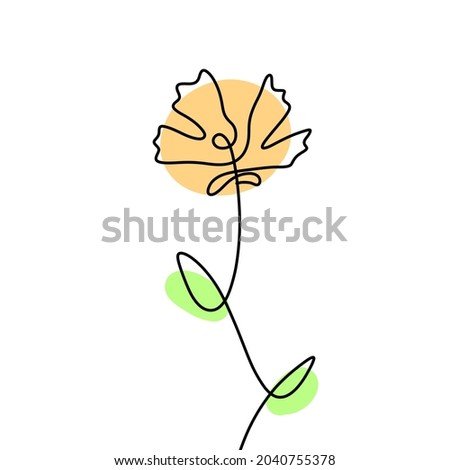 Draw a one line flower with a flat color theme and a white background. Can be used for power point, background, print media, electronic media, icon, and commercial use.