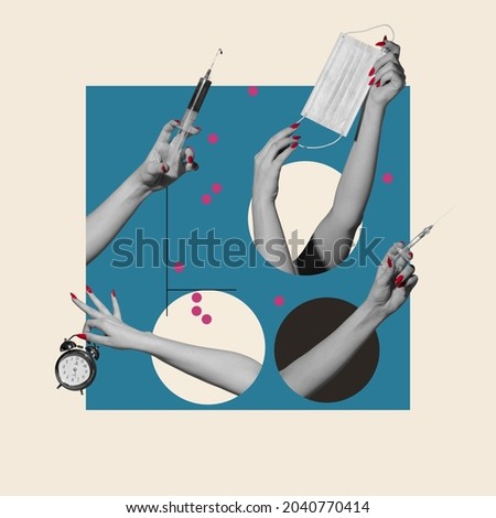 Time to take care of your health. Contemporary art collage of human hands holding syringe, protective mask and clock. Vintage style. Medical care. Concept of autumn season. Copy space for ad