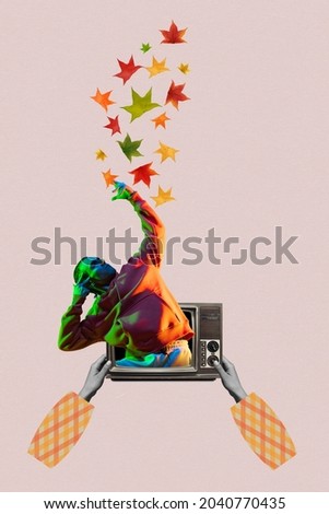 Contemporary artwork of joyful man appearing from vintage tv isolated over pink background. Colorful autumn leaves falling. Vintage style. Fall aesthetics. Concept of autumn season. Copy space for ad