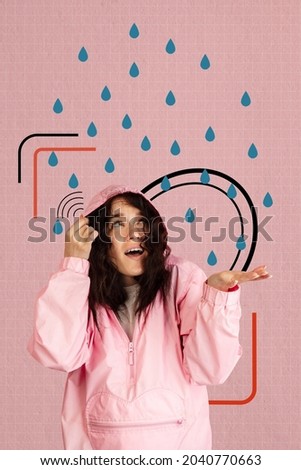 Rainy weather. Contemporary art collage of young beautiful woman in pink raincoat standing under rain isolated over pink background. Fall aesthetics. Concept of autumn season. Copy space for ad