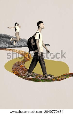 Education time. Contemporary art collage of two young people walking to school. Boy with backpack walking on path full of autumn leaves, girl in a jump listening to music. Concept of autumn season, ad