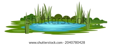 Swamp landscape with reed and cattail. Isolated element. Horizontally composition. Overgrown pond shore. Illustration vector. Royalty-Free Stock Photo #2040780428