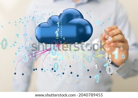 A 3D render of a cloud storage system floating in the air with a man writing something on it