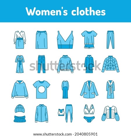Womens clothes color line icons set. Pictograms for web page, mobile app, promo. UIUXGUI design element. Editable stroke.