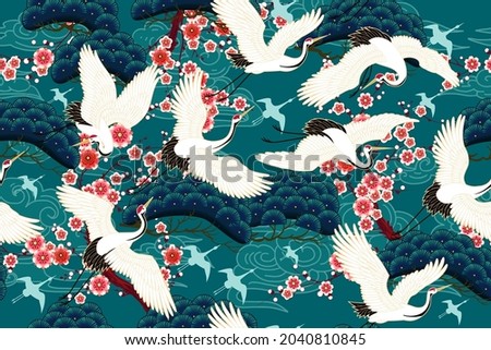 Seamless pattern with floral motives and cranes  Royalty-Free Stock Photo #2040810845