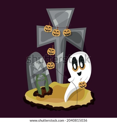 Cute Halloween greeting card. The Feast of All Saints. A ghost with a garland of carved pumpkins. The dead man comes out of the grave and shows his heart. Cemetery. Template for invitations, banners.