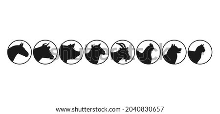 Farm animals silhouettes. Horse, cow, pig, goat, sheep, cat, dog, chicken vector silhouettes