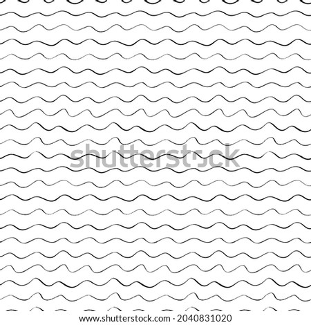Black wavy stripes vector seamless pattern. Horizontal wavy lines, grunge brush strokes. Curly stripes design. Hand drawn black and white background for textile, fabrics, wrapping paper.