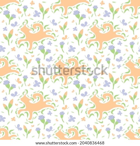 Summer cheerful drawing running cat in flowers