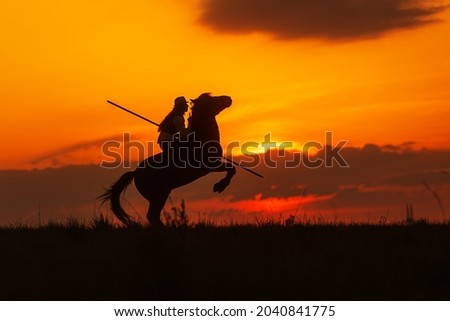 dark silhouette of a woman on horseback against the sunset with a long spear preparing to attack