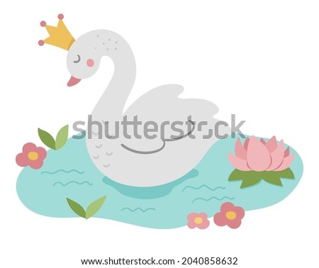 Fairy tale vector swan princess. Fantasy bird in crown in pond with water lily isolated on white background. Fairytale animal character. Cartoon magic icon
