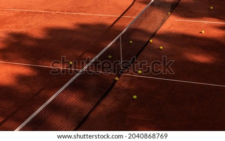 Orange tennis court net  and balls with shadows. Horizontal sport poster, greeting cards, headers, website