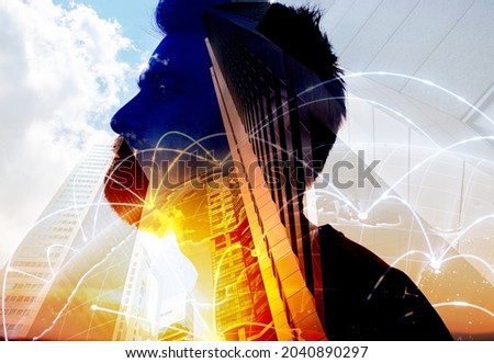 human head, skyscrapers and connection lines. Artificial intelligence, 5 G, wireless communication in business concept