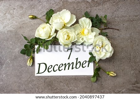 December 7th. Day 7 of month, Calendar date. White roses border on pastel grey background with calendar date. Winter month, day of the year concept