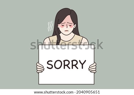 Feeling sorry and guilt concept. Young sad frustrated woman feeling guilty holding sign saying sorry in hands vector illustration  Royalty-Free Stock Photo #2040905651
