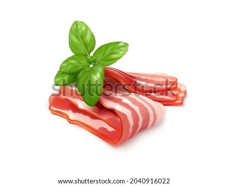 Slices of bacon isolated. Italian prosciutto, Spanish jamon cut, raw bacon, slices of lard, parma ham, streaky brisket slices, fresh thin sliced on white background realistic vector 3d illustration