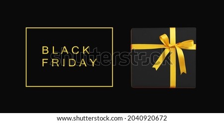 MINIMALIST BLACK FRIDAY SALE FLYER WITH A GIFT WITH YELLOW RIBBON BOW ON BLACK BACKGROUND. SHOPPING MALL AND SHOPPING ONLINE CONCEPT.