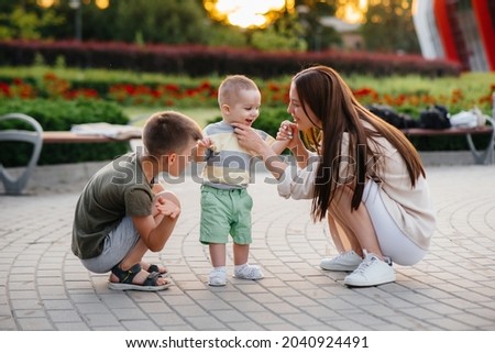 A young beautiful mother with two little boys is playing in the park during sunset. Happy family walk with children in the park.