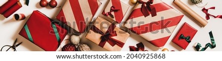 Flat-lay of New Year and Christmas gift boxes and decorations