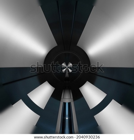 Close-up of round wall lamp, ceiling lamp or sconce glowing in darkness. Abstract minimalist modern architecture or interior detail. Technological structure in shades of black and white.