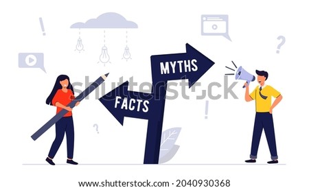 Myths and facts Information accuracy in flat tiny persons concept Businessman and directional sign of facts versus myths Verify rumors scene Fake news versus trust and honest data source Royalty-Free Stock Photo #2040930368