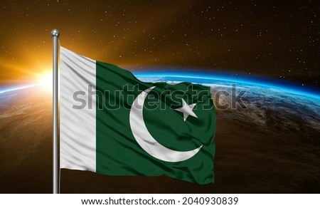 Pakistan national flag cloth fabric waving on beautiful sky.