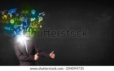 Business man in suit with graph and charts exploding from his body concept